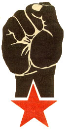 Imagem do símbolo do apartheid: mão negra com punho cerrado e uma estrela vermelha de cinco pontas abaixo.