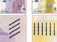 Imagem ampliada do relevo das notas de 200 e 500 Euros