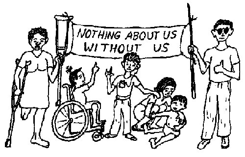 Faixa com o lema sendo segurada à esquerda por uma mulher amputada e usando muletas e um cego à direita. No centro e abaixo da faixa três crianças com deficiência: uma cadeirante, uma surda e outra menor acompanhada pela mãe.