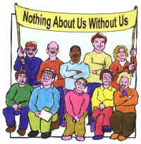 Desenho de dez pessoas com dislexia sob a faixa com o lema: Nada sobre nós sem nos.